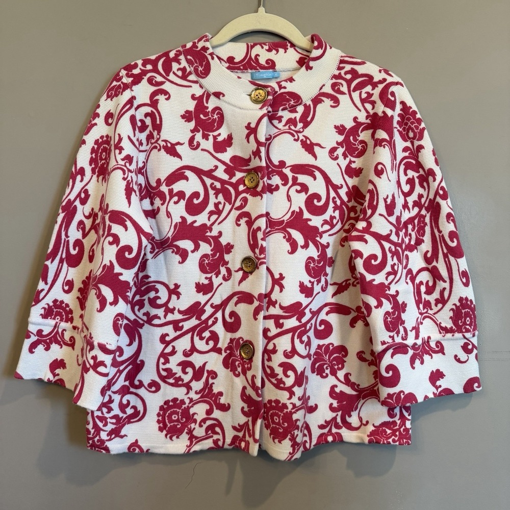 J McLaughlin Pink Baroque Button Up Sweater Wide Sleeve XL